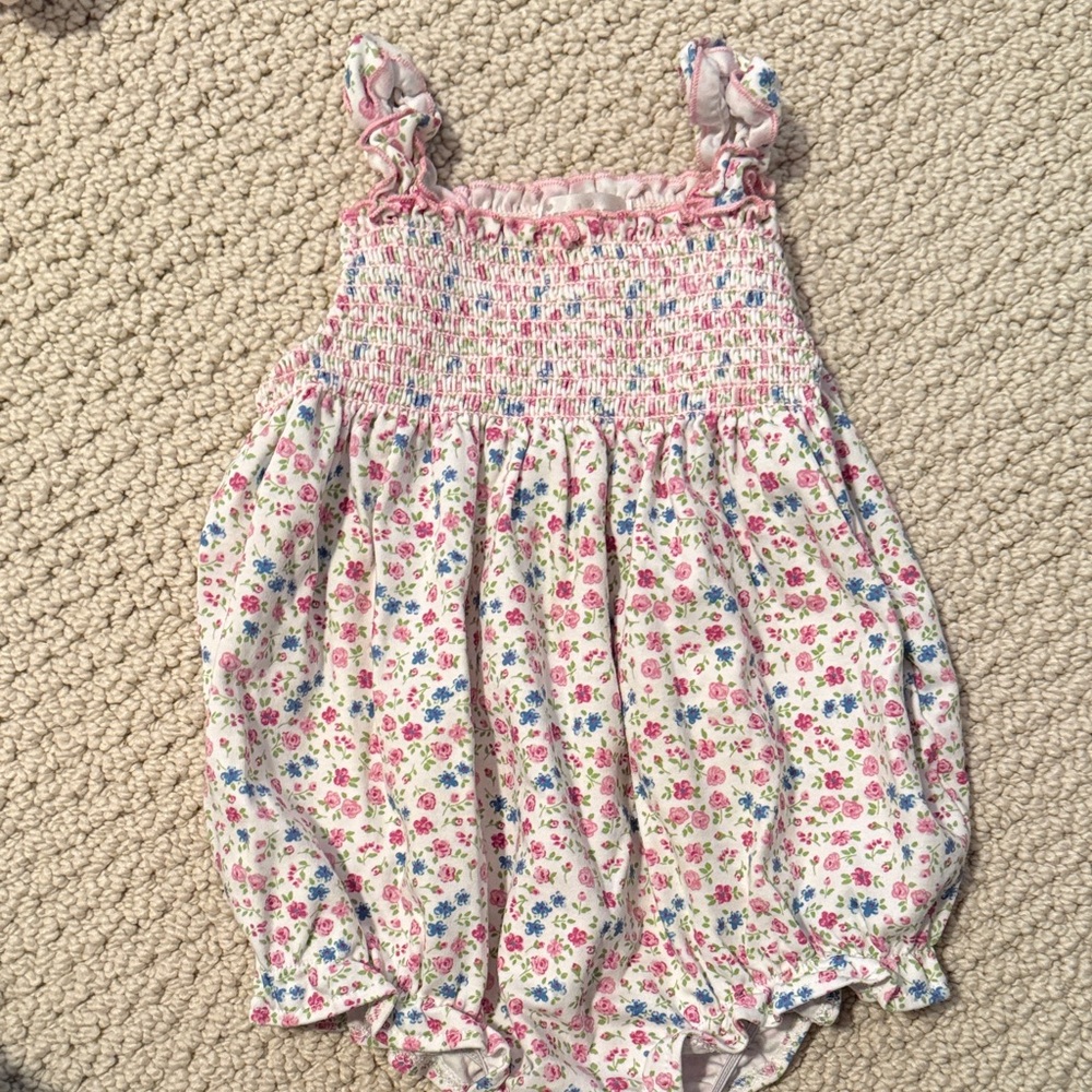 KISSY kissy Girls Floral Smocked Bubble Romper - Pink & Blue